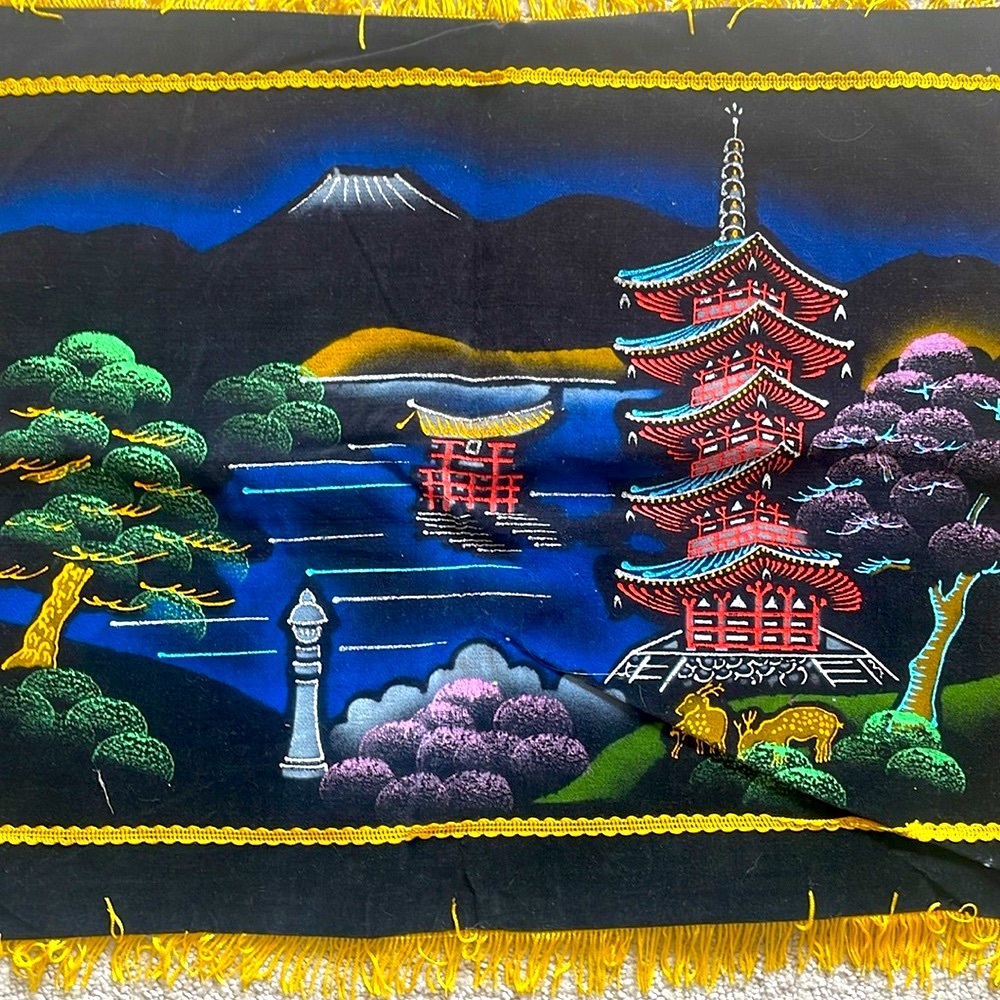 Vintage Velvet Japanese Landscape Tapestry Pillow Case Fringe NWOT